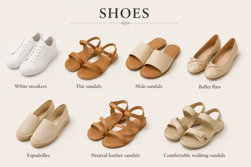 Summer capsule wardrobe shoes including sneakers, sandals, flats, and espadrilles.