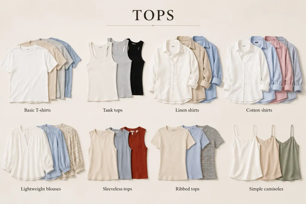 Summer capsule wardrobe tops including T-shirts, tanks, shirts, blouses, and camisoles.