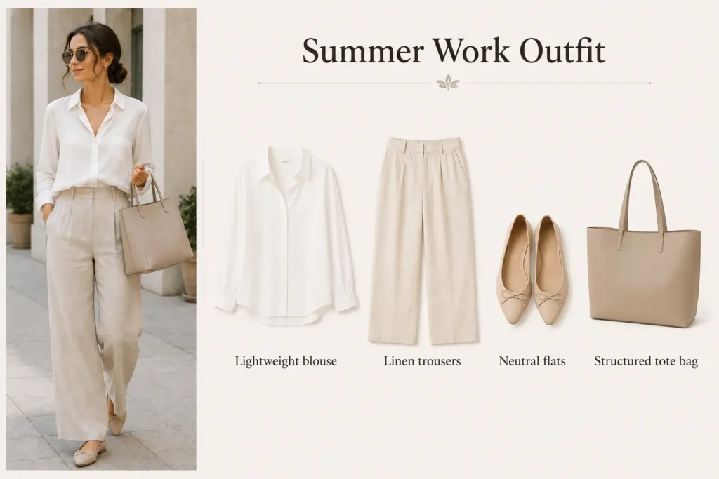 Summer work outfit with blouse, linen trousers, flats, and tote bag for summer capsule wardrobe