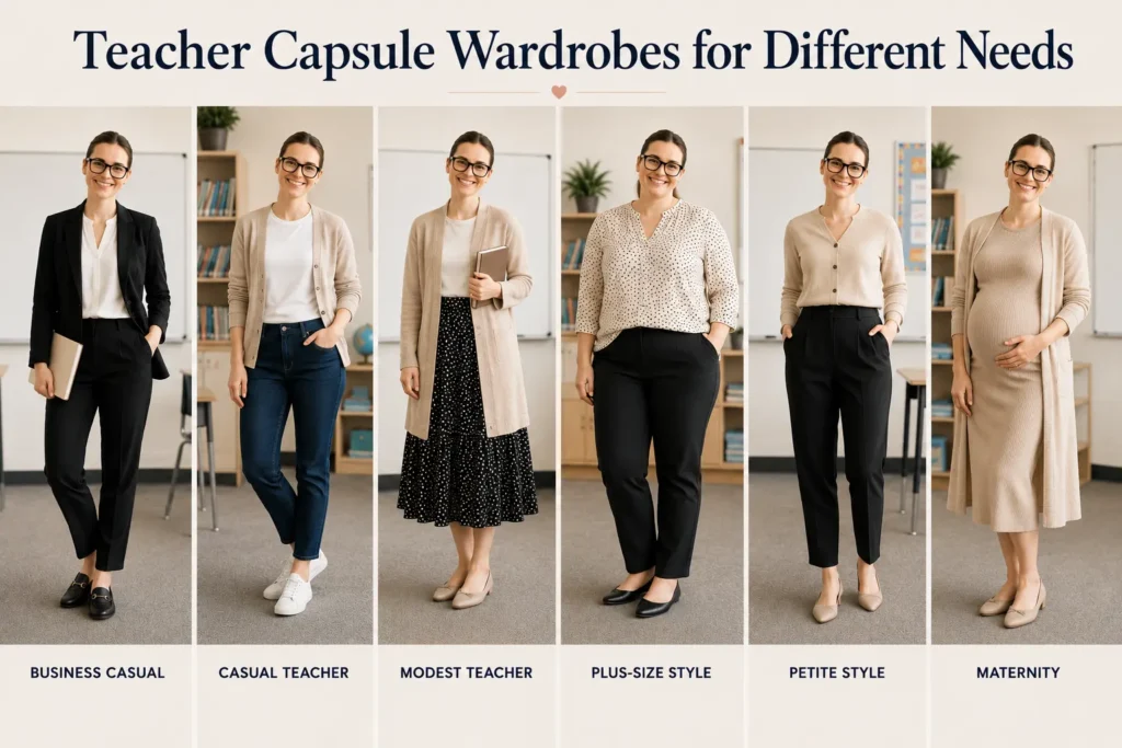 Teacher capsule wardrobe styles for different school dress codes.