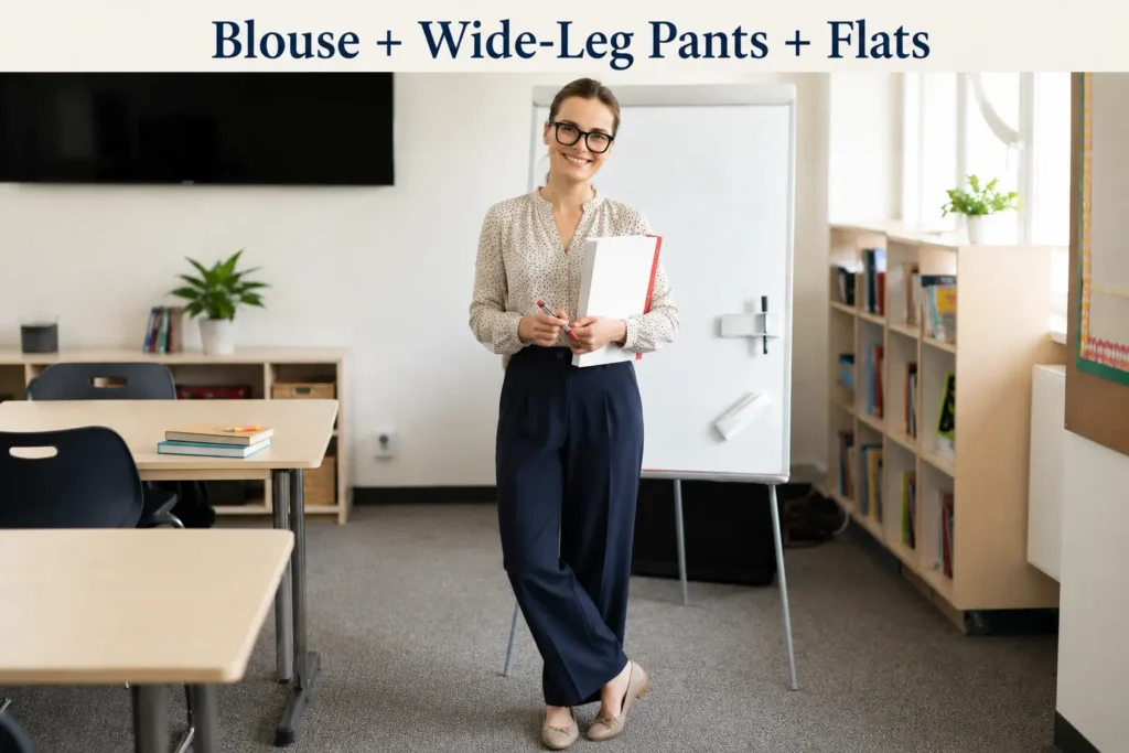Teacher outfit with blouse and wide-leg pants