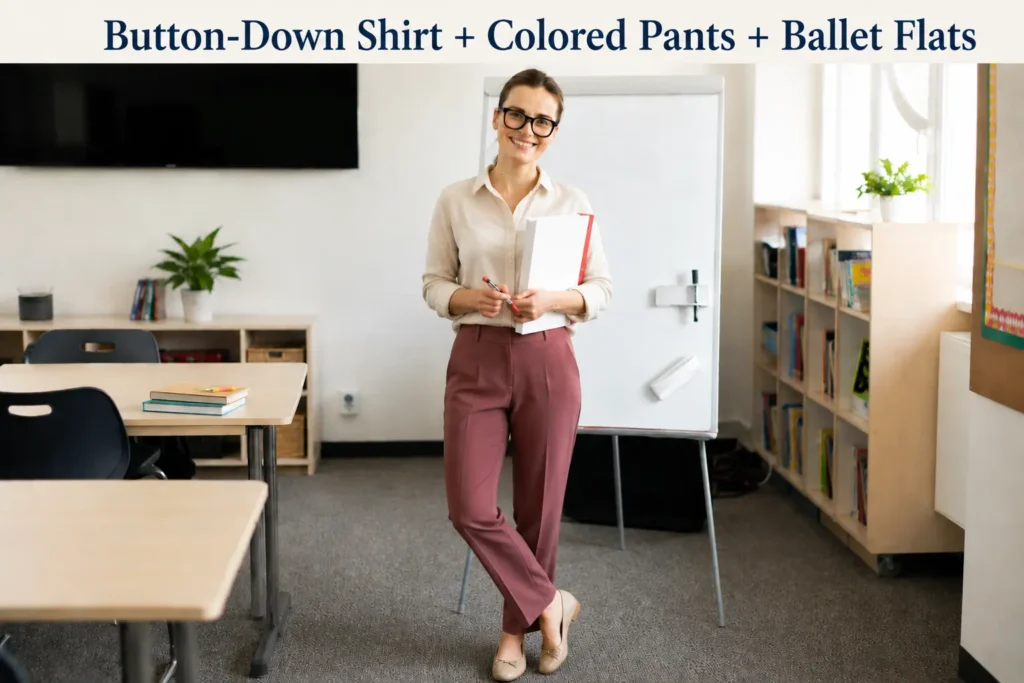 Teacher outfit with button-down shirt