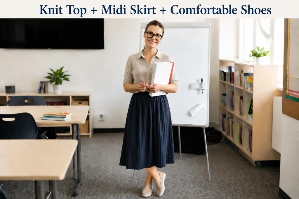 Teacher outfit with knit top and midi skirt