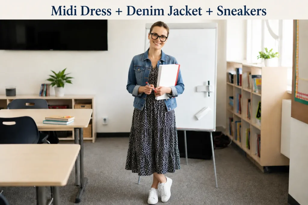 Teacher outfit with midi dress and denim jacket