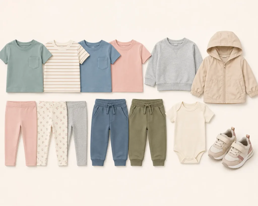 Flat lay of toddler capsule wardrobe essentials for ages 1–3, including soft T-shirts, leggings, joggers, a onesie, sweatshirt, lightweight jacket, and comfortable sneakers on a neutral background.