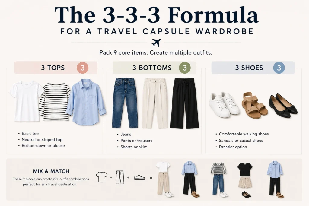 Travel capsule wardrobe with three tops, three bottoms, and three shoes