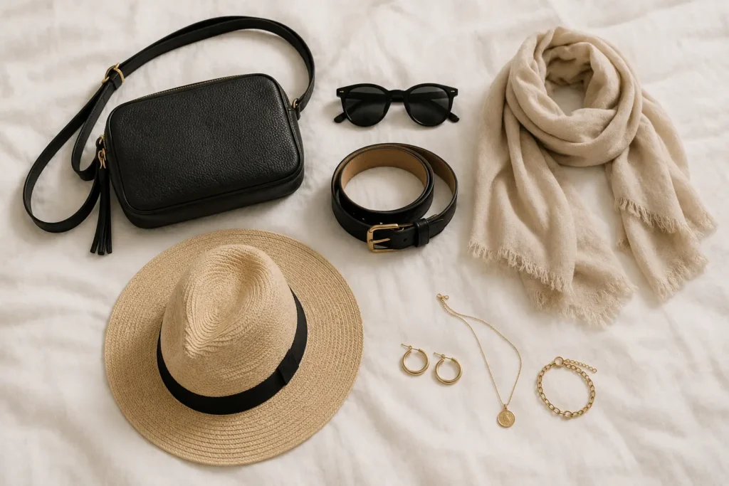 Travel accessories for a capsule wardrobe arranged on a bed