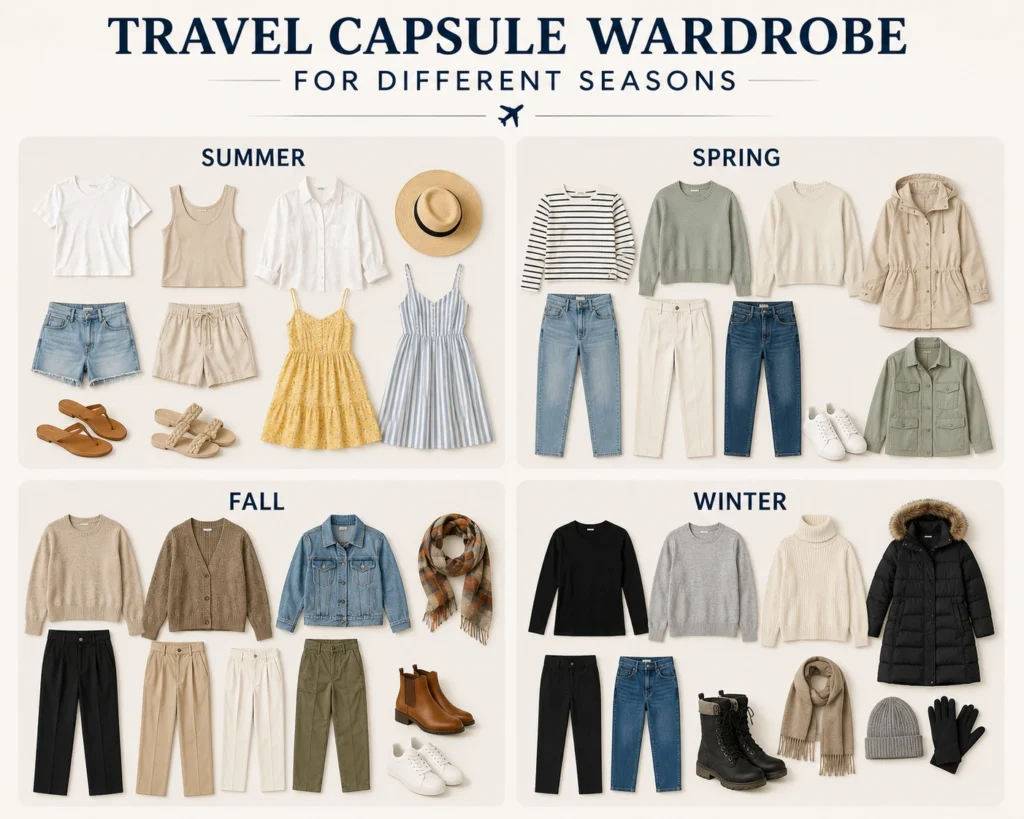 Travel capsule wardrobe examples for summer, spring, fall, and winter