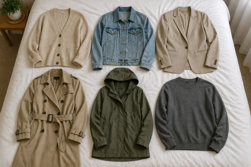 Travel layers and outerwear arranged on a bed