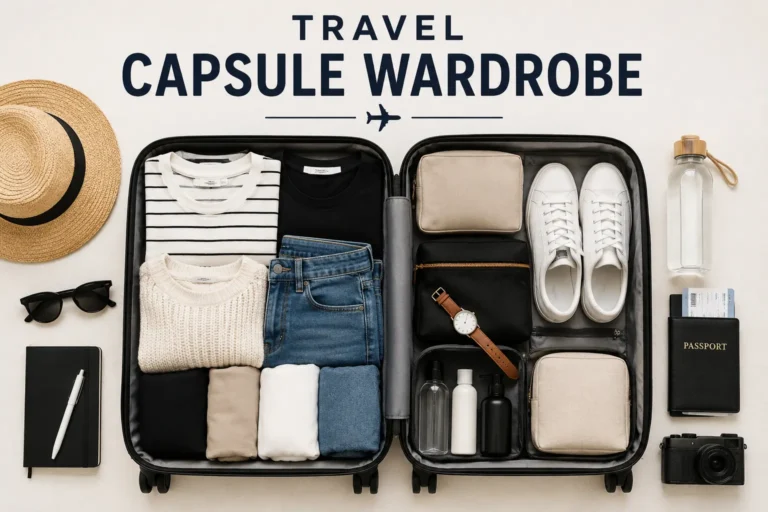 Travel capsule wardrobe packed in a carry-on suitcase