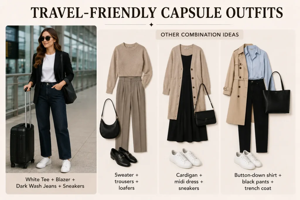 Travel-friendly fall capsule wardrobe outfits featuring blazers, jeans, dresses, sneakers, and trench coats