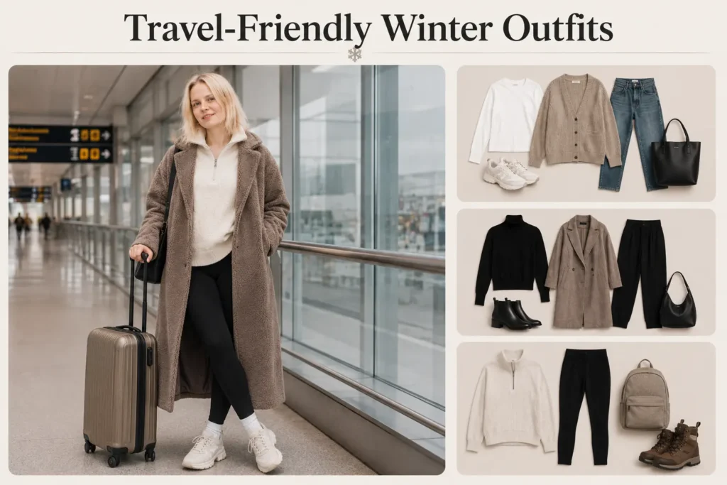 Comfortable winter travel outfit with layers and sneakers