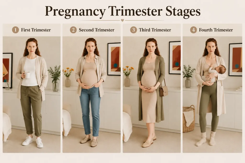 Maternity wardrobe by pregnancy trimester