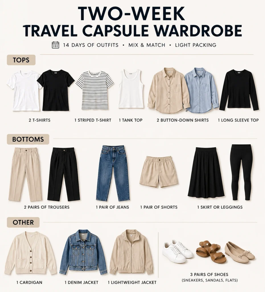 Two-week travel capsule wardrobe with tops, bottoms, layers, and shoes