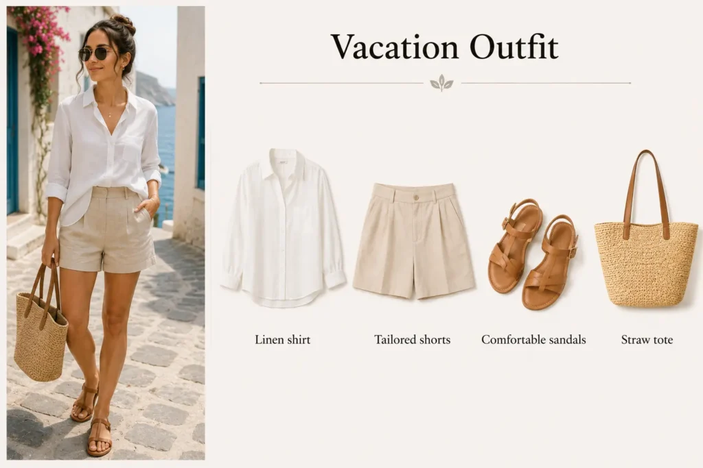 Vacation outfit with linen shirt, tailored shorts, sandals, and straw tote.