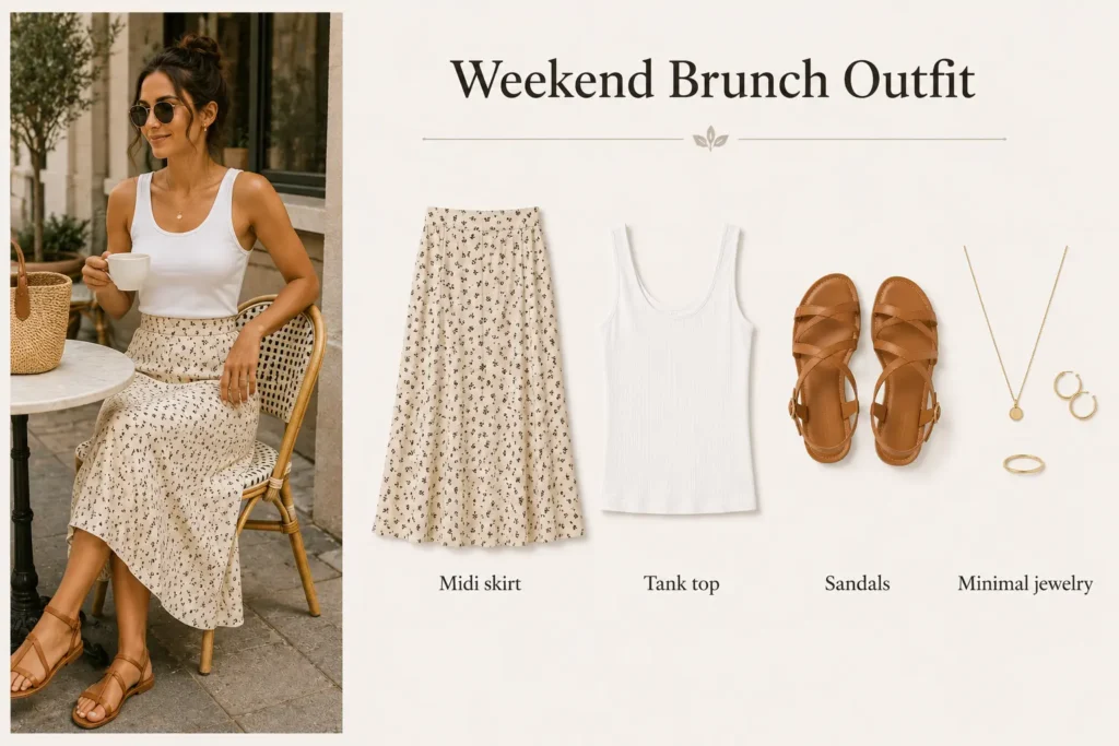 Weekend brunch outfit with midi skirt, tank top, sandals, and jewelry.