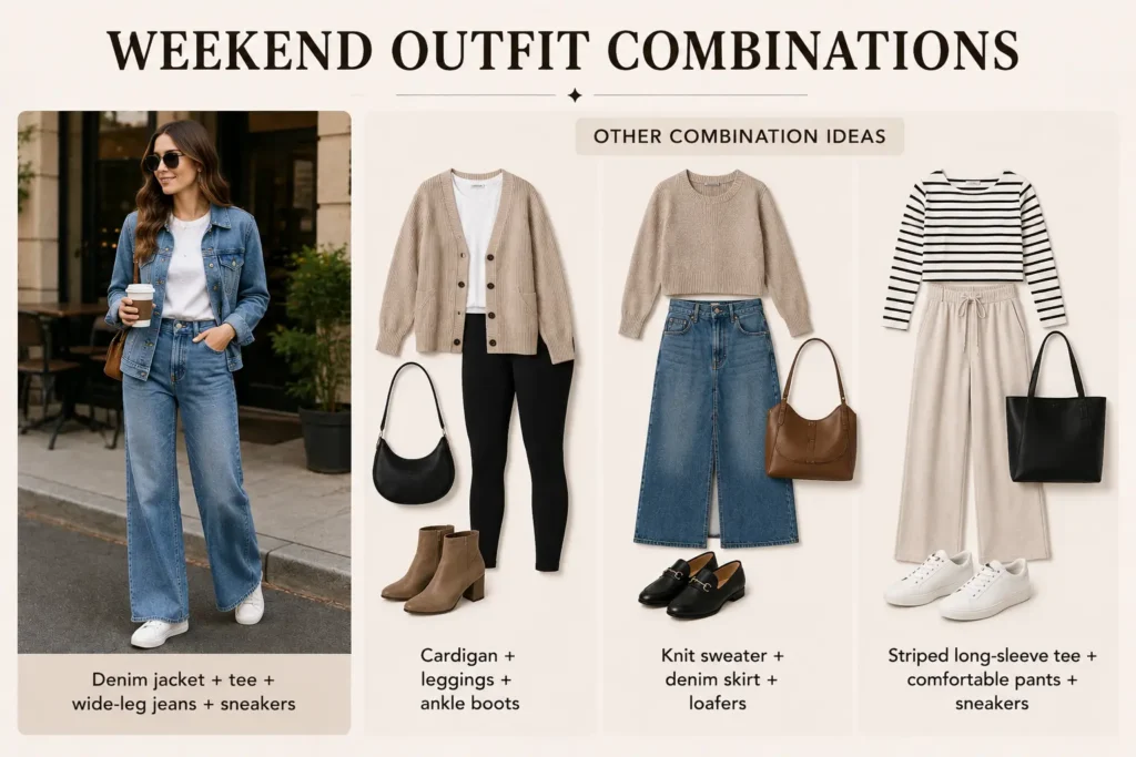 Comfortable weekend fall outfit combinations with denim jackets, sweaters, skirts, and sneakers