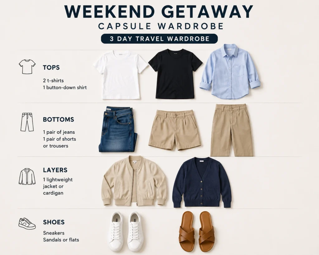 Weekend getaway capsule wardrobe for a 3-day trip