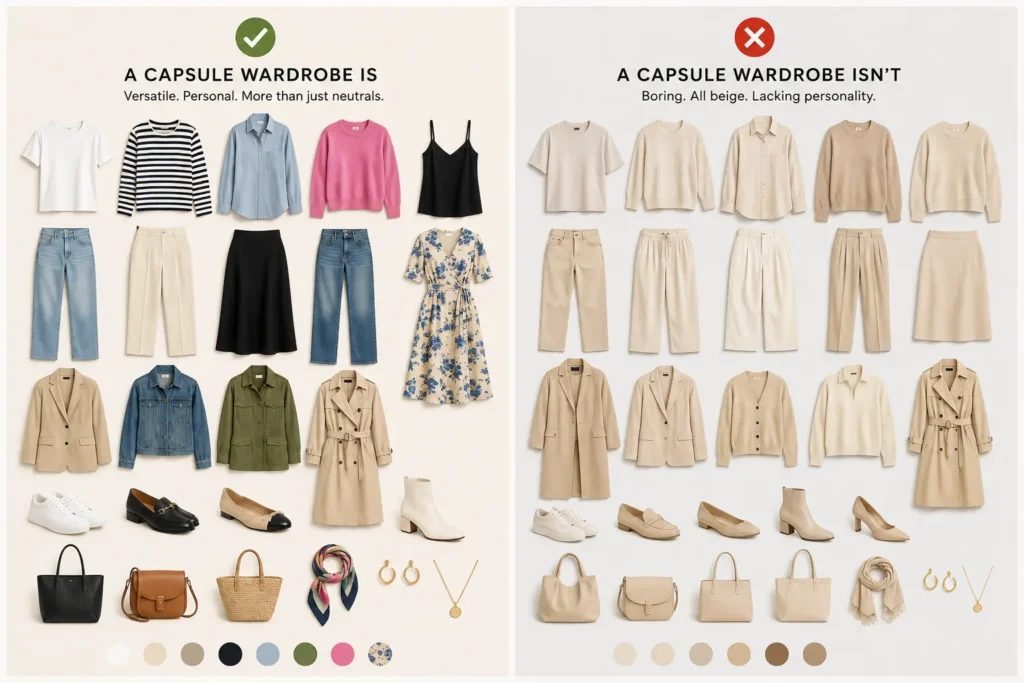 Capsule wardrobe examples showing neutral, colorful, printed and trend-inspired clothing combinations