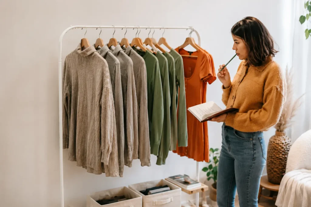 Petite woman planning a capsule wardrobe with neutral clothing essentials on a clothing rack
