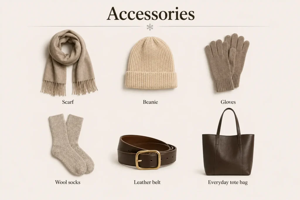 Winter capsule wardrobe accessories including scarves, beanies, gloves, socks, and tote bags