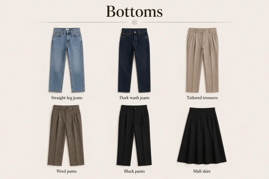 Winter capsule wardrobe bottoms including jeans, trousers, wool pants, and midi skirts