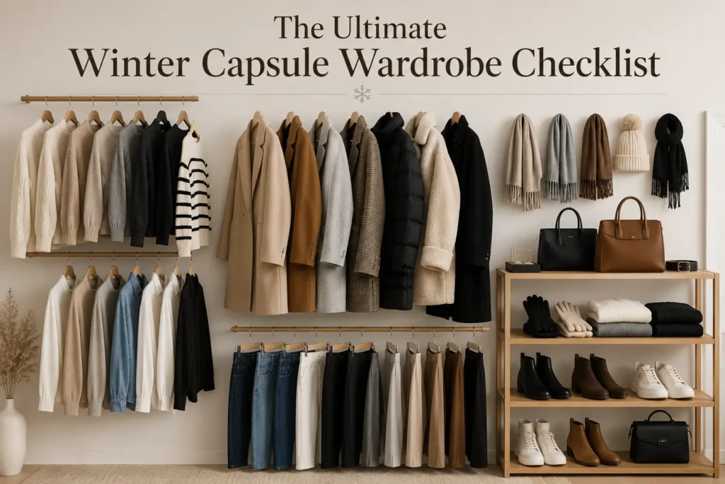 Winter capsule wardrobe checklist with essential clothing pieces