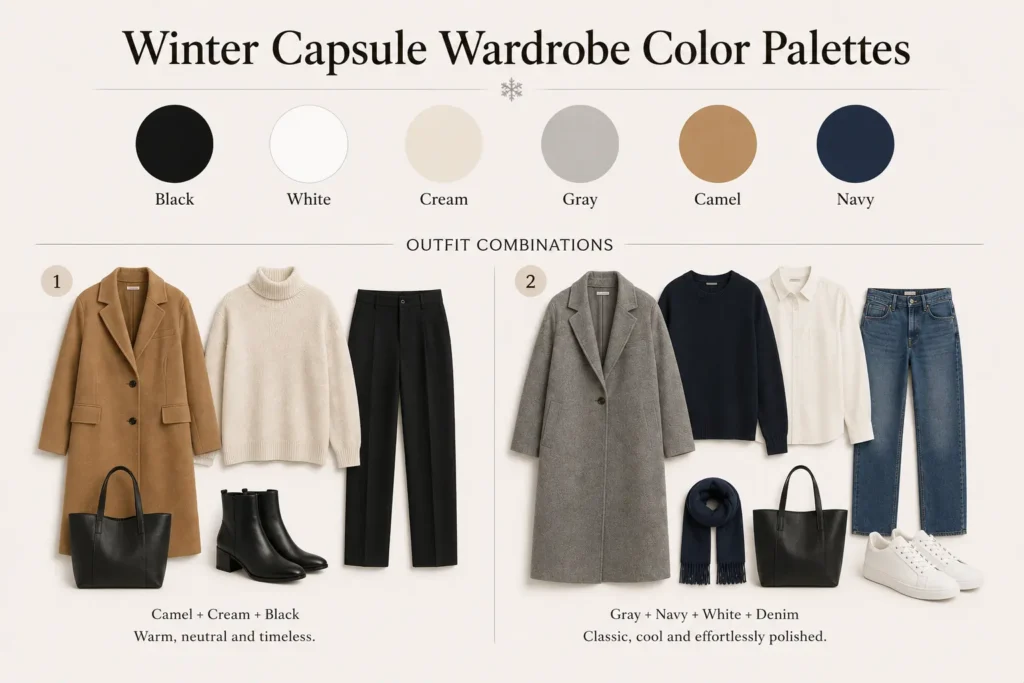 Winter capsule wardrobe color palette with black, white, cream, gray, camel, and navy outfit combinations