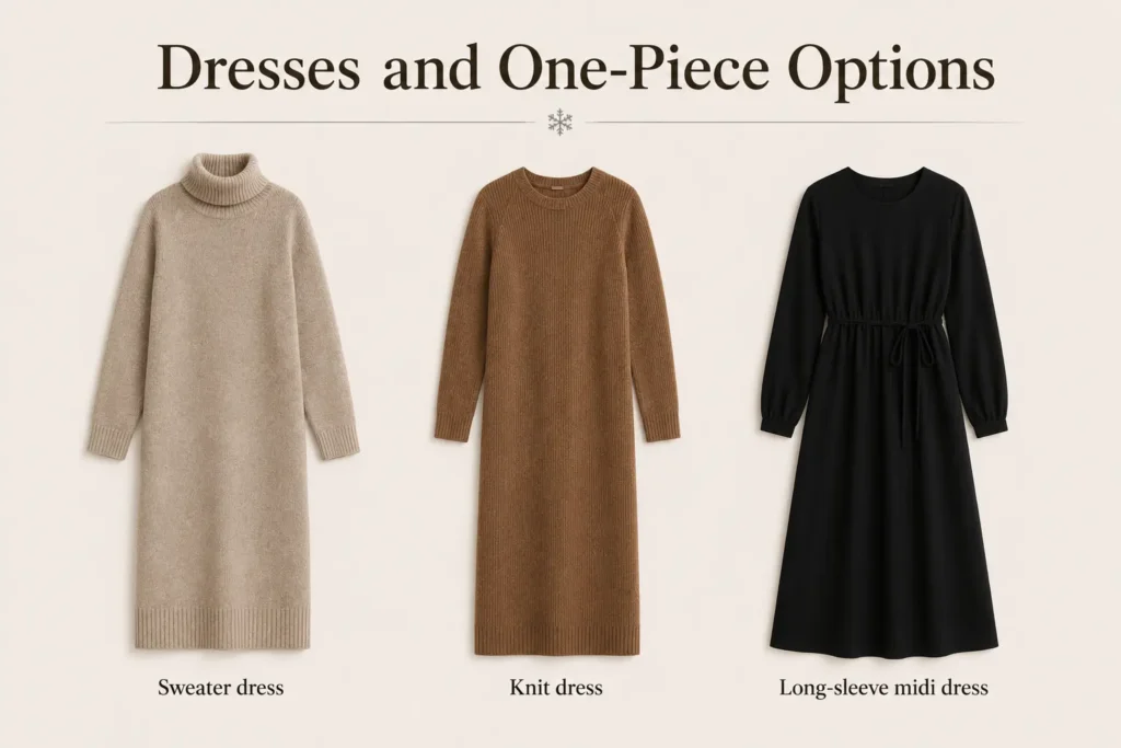 Winter capsule wardrobe dresses including sweater dresses, knit dresses, and midi dresses
