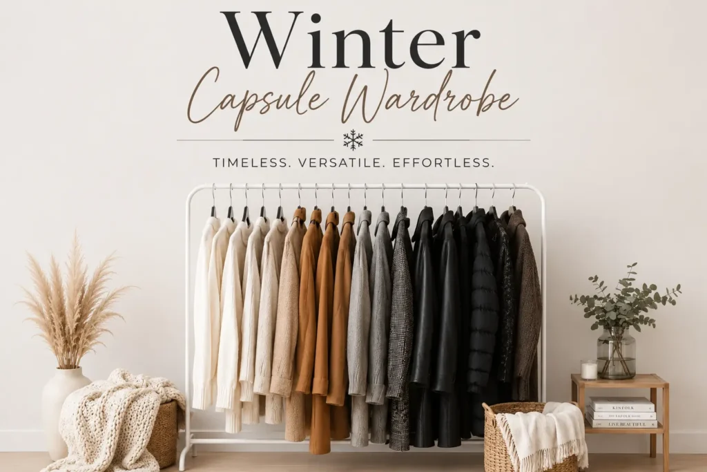 Winter capsule wardrobe with neutral coats and knitwear