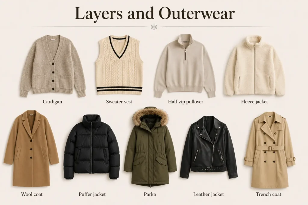 Winter capsule wardrobe layers and outerwear including coats, jackets, cardigans, and parkas