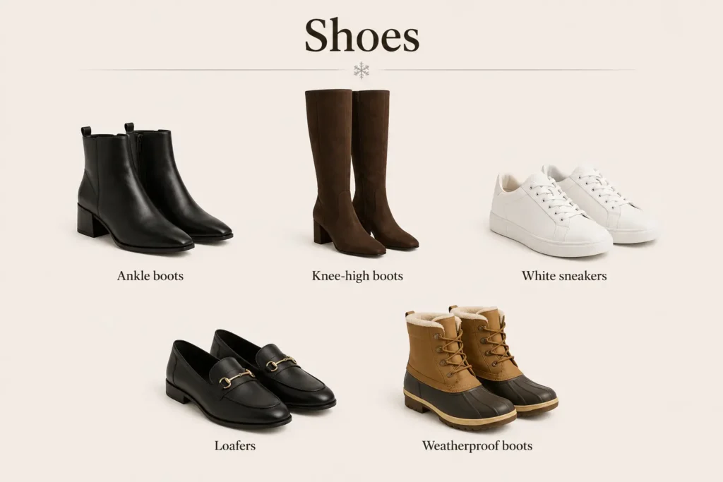 Winter capsule wardrobe shoes including ankle boots, knee-high boots, sneakers, and loafers