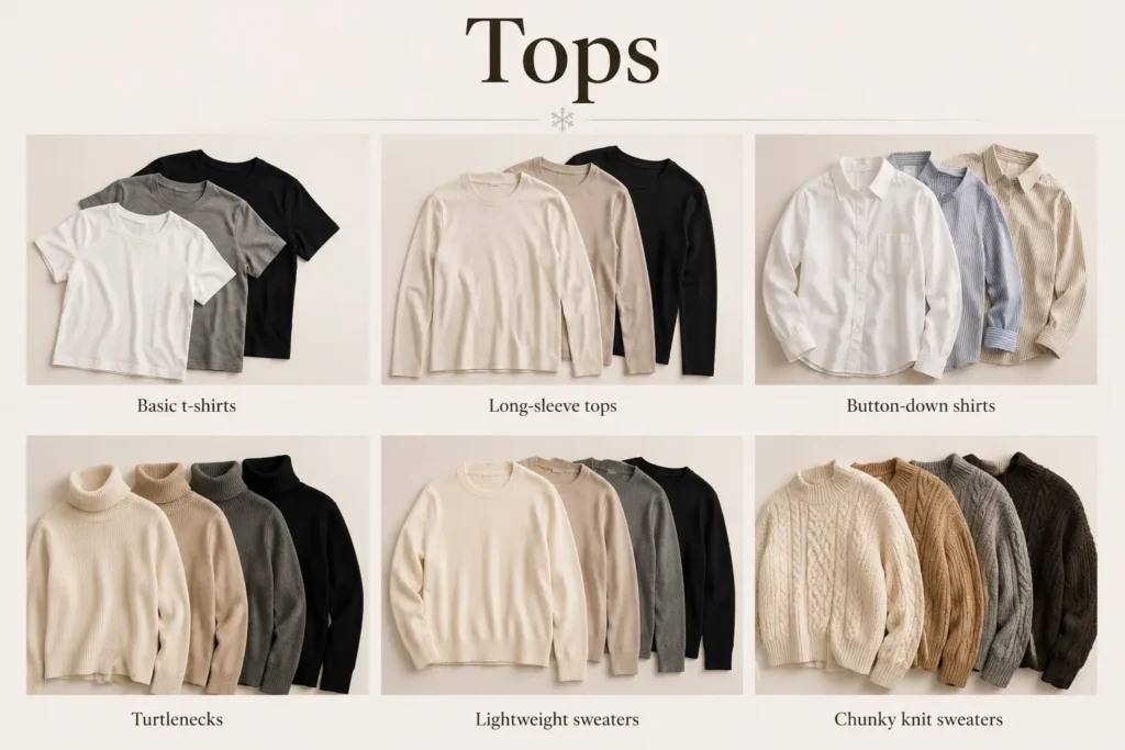 Winter capsule wardrobe tops including t-shirts, sweaters, turtlenecks, and button-down shirts
