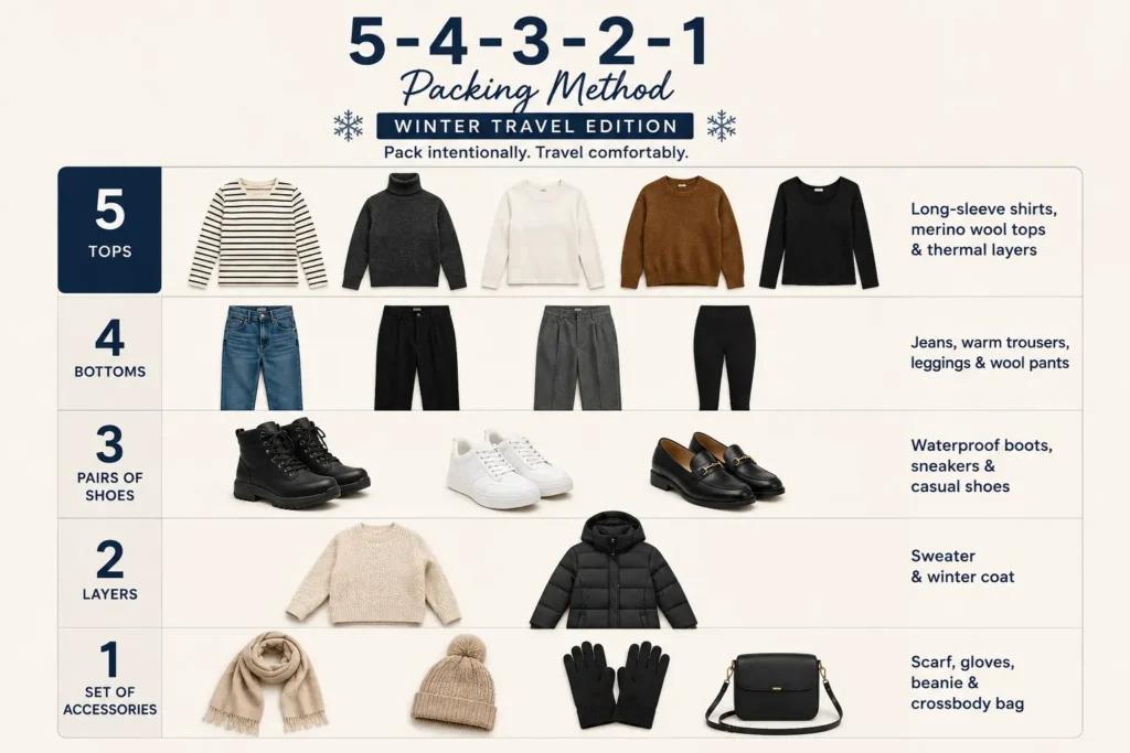 Winter travel capsule wardrobe using the 5-4-3-2-1 packing method
