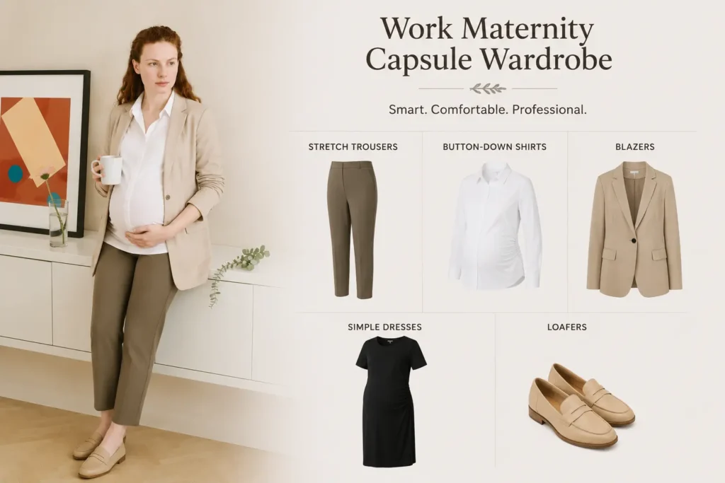 Work maternity capsule wardrobe outfit essentials
