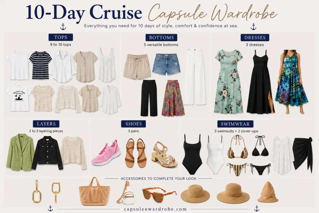 10-day cruise capsule wardrobe checklist with mix-and-match outfits for extended cruise vacations