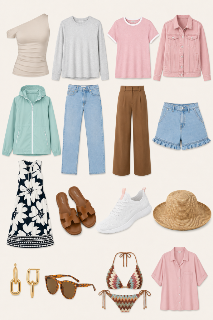 Flat lay of a 12-piece carry-on capsule wardrobe featuring versatile tops, bottoms, outerwear, a dress, shoes, and travel accessories arranged on a clean background for efficient packing.