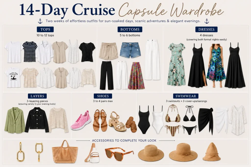 14-day cruise capsule wardrobe packing checklist with versatile tops, bottoms, dresses, layers, shoes, and swimwear
