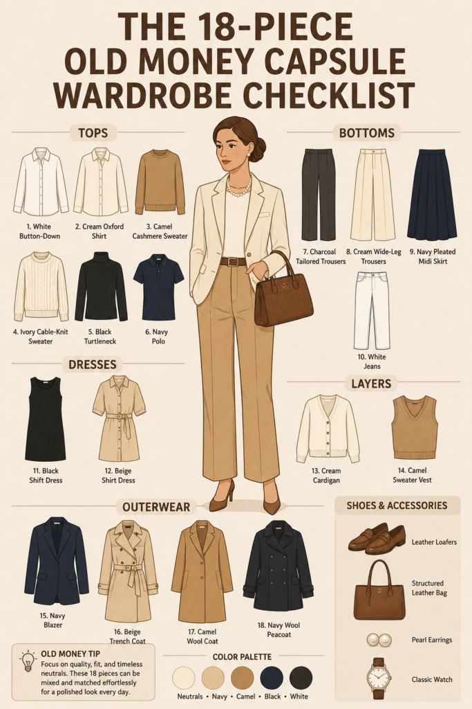Infographic showing the complete 18-piece old money capsule wardrobe checklist with timeless tops, bottoms, dresses, layers, outerwear, shoes, and accessories for women.