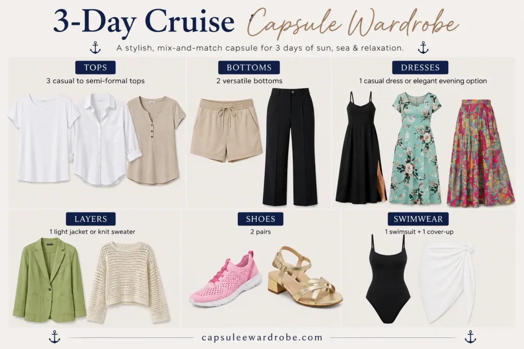 3-day cruise capsule wardrobe checklist with tops, bottoms, dresses, layers, shoes, and swimwear essentials
