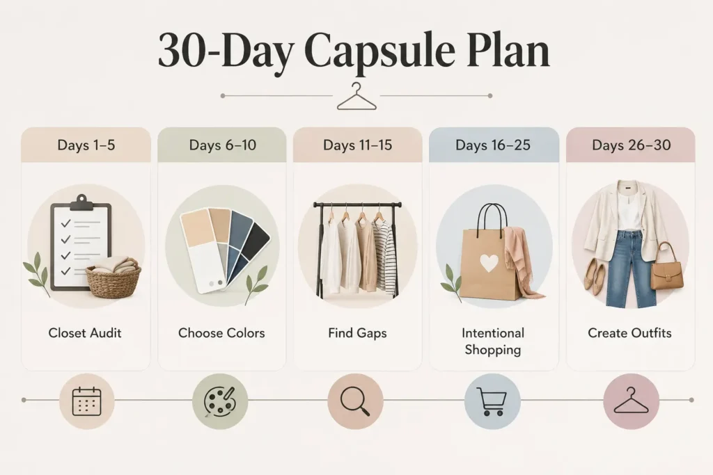 30-day capsule wardrobe over 50 plan showing a step-by-step roadmap for closet audit, choosing colors, finding wardrobe gaps, intentional shopping, and creating outfits.