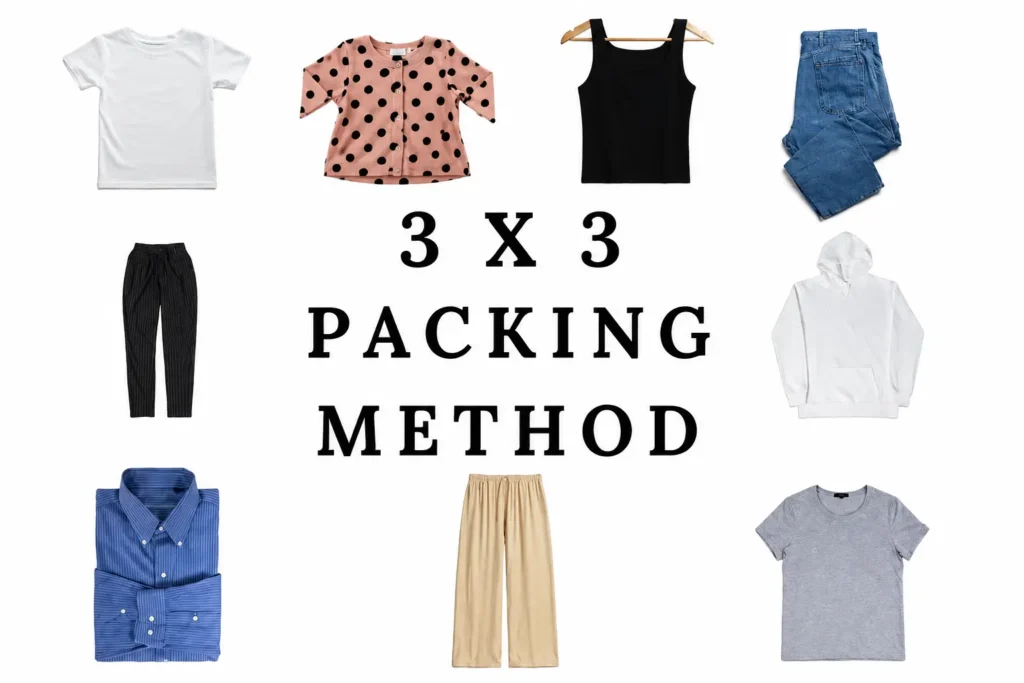 3×3 carry-on capsule packing method showing three tops, three bottoms, and three layering pieces for creating multiple travel outfits.