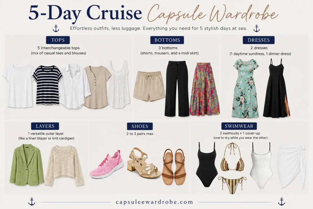 5-day cruise capsule wardrobe packing checklist featuring interchangeable outfits and travel essentials