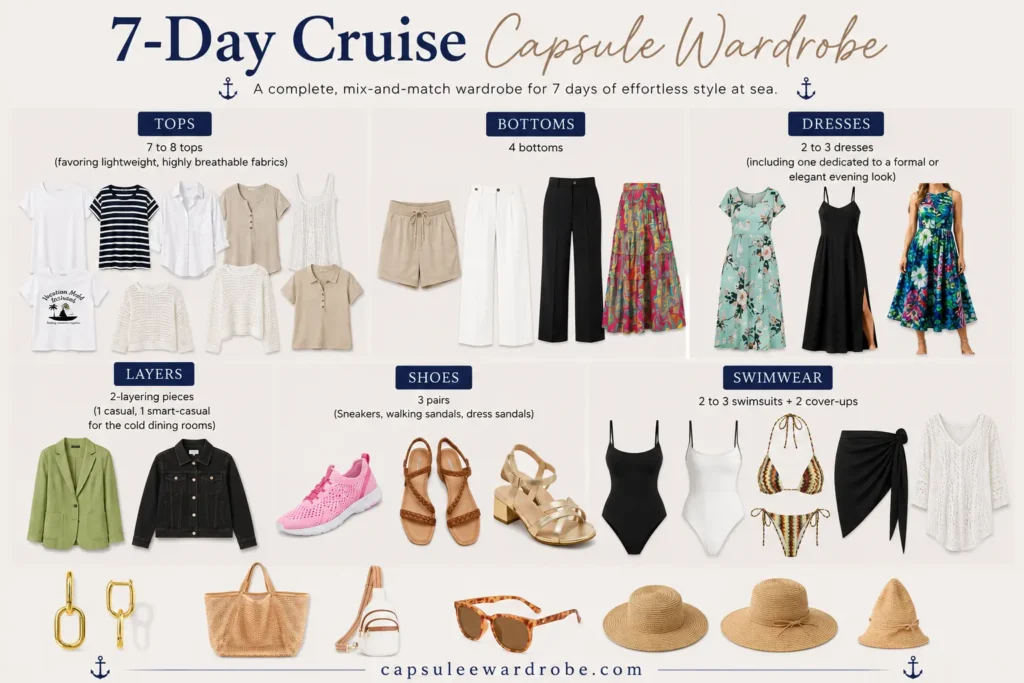7-day cruise capsule wardrobe packing guide with versatile clothing, shoes, swimwear, and accessories