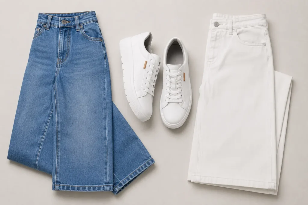 Business casual outfit featuring blue jeans, white trousers, and white sneakers for a modern office dress code
