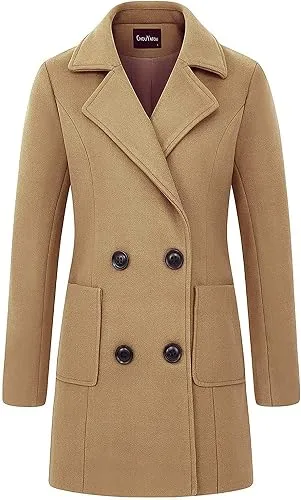 Woman wearing a camel wool coat styled with elegant wardrobe essentials in a classic old money capsule wardrobe outfit.
