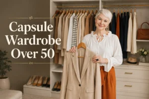 Capsule wardrobe over 50 featuring a stylish mature woman standing beside an organized closet with timeless neutral clothing essentials.