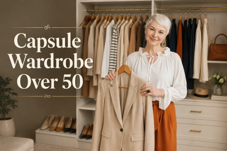 Capsule wardrobe over 50 featuring a stylish mature woman standing beside an organized closet with timeless neutral clothing essentials.