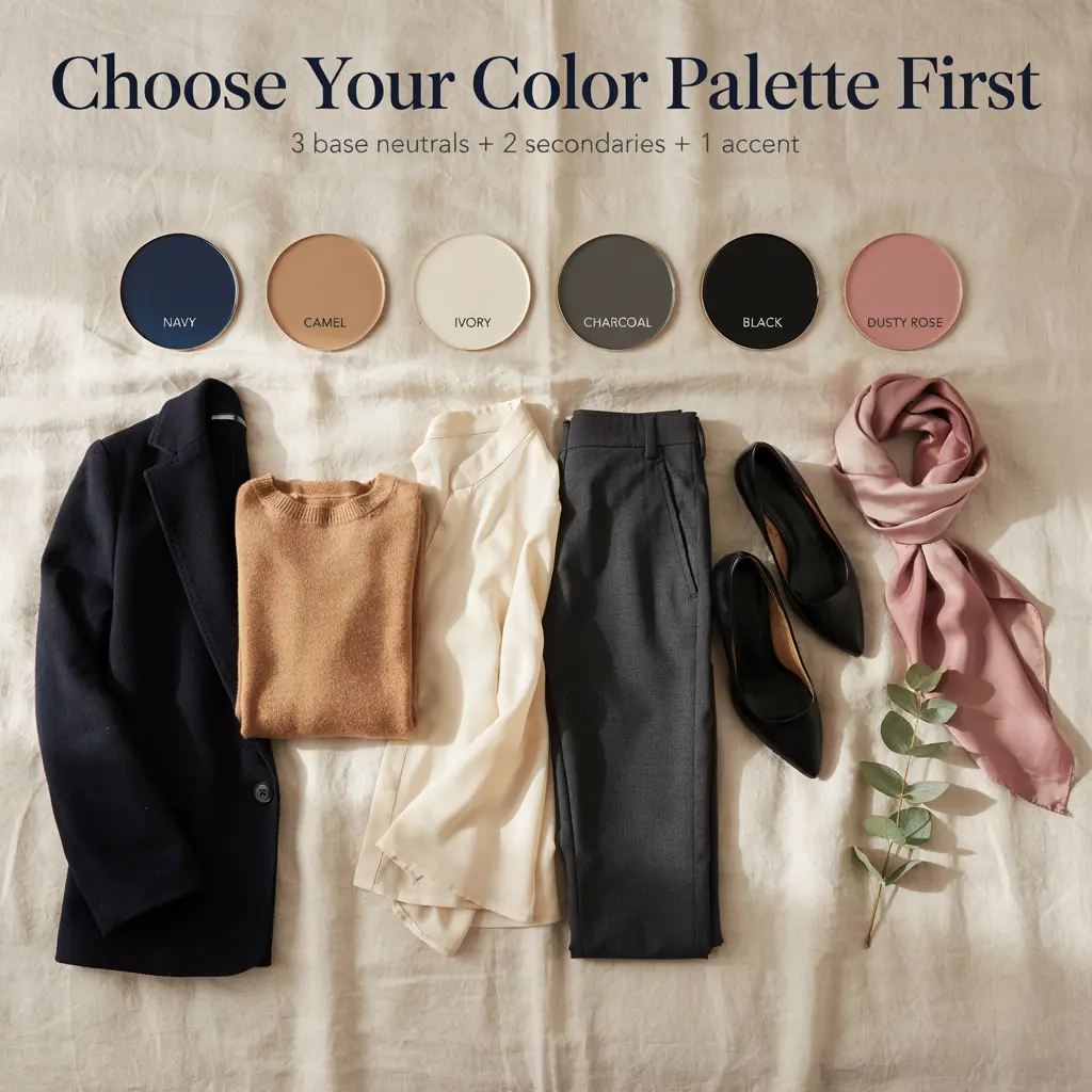 Business casual capsule wardrobe color palette with neutral clothing essentials for women