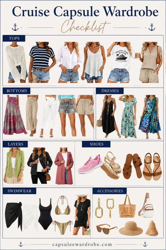 Cruise capsule wardrobe checklist featuring tops, bottoms, dresses, layers, shoes, swimwear, and accessories for smart cruise packin